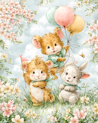 pastel cute animal parade illustration Cute animals celebrating with colorful balloons. adorable nursery wallpaper design tiny forest friends marching pattern