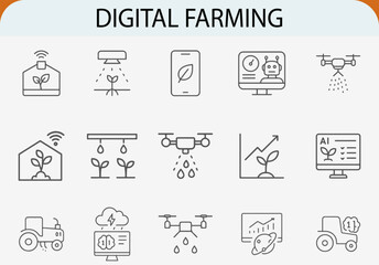digital smart farming line icon set, modern agriculture precision vector