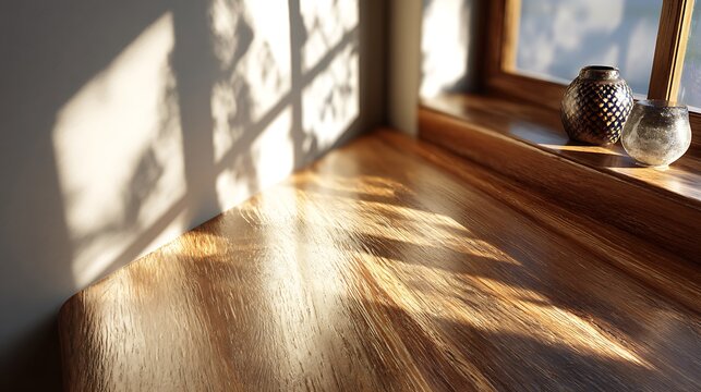 Gentle diagonal morning light across smooth wooden desktop, premium clean layout for business presentations, dashboards, UI, and marketing templates with wide blank area.