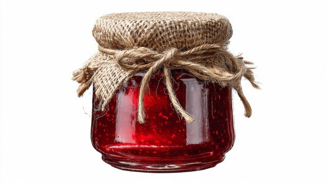Glass jar of homemade raspberry jam, sealed with burlap and twine, on a white background.