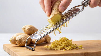 Hand Grating Fresh Ginger Root with a Hand Grater