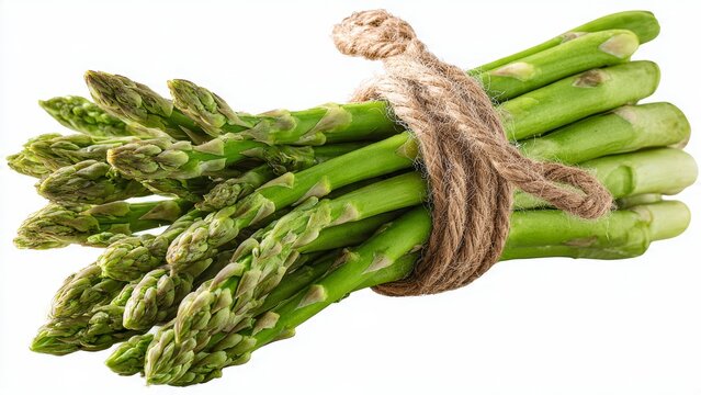 Bunch of fresh green asparagus tied with natural twine, isolated on a white background. Healthy raw vegetable.
