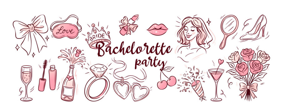 Vector wedding illustration in doodle style with bachelorette party cocktail, ring and lipstick. Bachelorette doodle design for invitation, festive poster, pink drink art or elegant celebration print. - Powered by Adobe