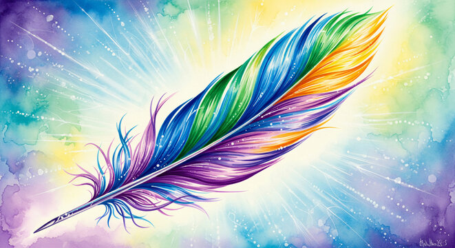 Luminous Spiritual Feather Aura Ethereal Trails Angelic Messages Assistance Watercolor Illustration JPG - Powered by Adobe
