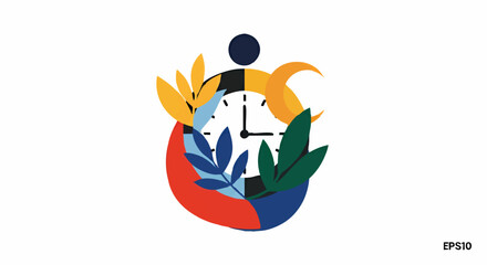 Abstract illustration of a clock surrounded by colorful leaves and shapes, symbolizing time management and growth.