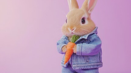 Cute bunny rabbit in denim jacket holding carrot easter spring pet animal adorable cartoon character art 3d