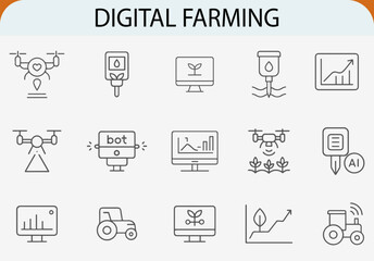 digital farming line icon set, modern agriculture vector illustration design