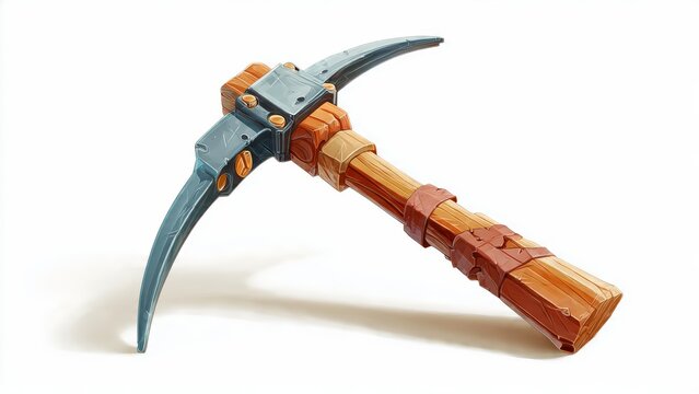 Stylized Illustration of a Cartoon Pickaxe, a Mining Tool with a Wooden Handle and Blue Metal Head, Isolated on White Background