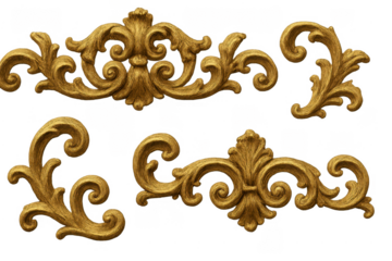 Golden baroque ornament scrolls on transparent background