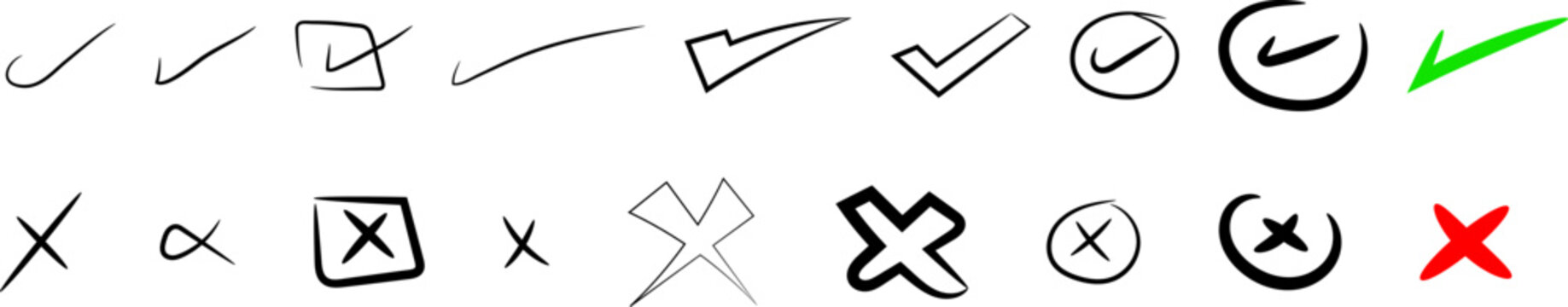 Hand-drawn check marks and cross symbols set in ink for vector design use