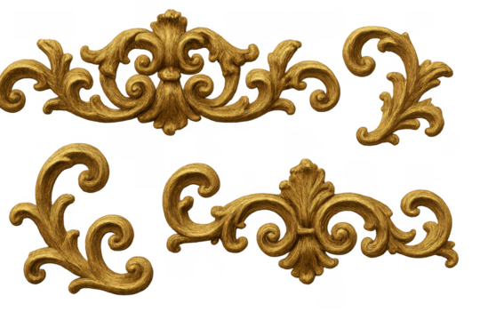 Golden baroque ornament scrolls on transparent background