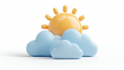 3D Cartoon Sun and Clouds Icon on White Background, Weather Forecast Symbol