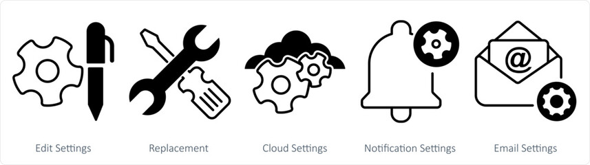 A set of 5 business icon as edit settings, replacement, cloud settings
