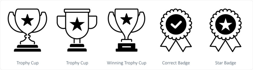 A set of 5 business icon as trophy cup, winning trophy cup, correct badge