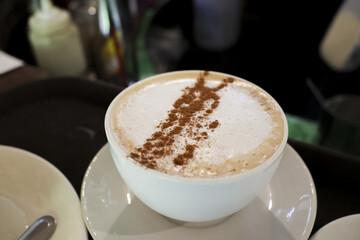 Warm cappuccino with frothy milk foam and cinnamon latte art in white ceramic cup. cozy beverage for morning breakfast or relaxing coffee break at cafe shop