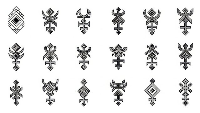 Diverse set of stylized geometric totem designs and patterns offering unique symbolic representation