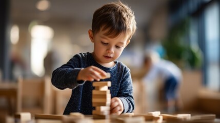 Child concentrating on stacking wooden toy blocks for early childhood development