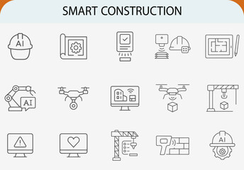 smart construction icon set, outline simple technology vector design concept