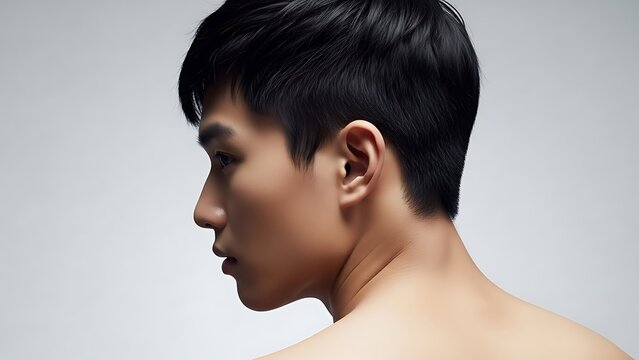 Profile of a Young Asian Man with Short Dark Hair Against a White Background. - Powered by Adobe