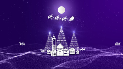 Purple Christmas night village with glowing trees, glitter snow, full moon, and Santa sleigh flying across the sky. Ideal for holiday designs, winter themes, and festive backgrounds. 3d Rendering