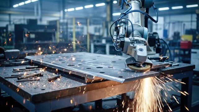 Industrial robotic arm grinding metal with sparks