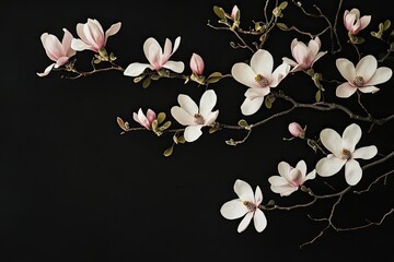 A delicate branch adorned with pink and white flowers, set against a dark background.