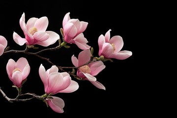 A delicate pink flower branch with multiple flowers, each with five petals and a yellow center, set against a dark background.