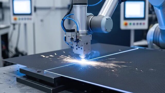 Robotic arm precision laser cutting metal sheet in industrial setting