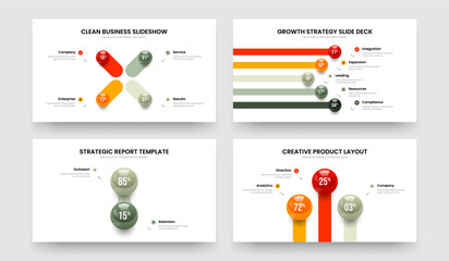 Obraz premium Minimal Analysis Four Five Two Three Option Diagram Slideshow Design Vector Illustration Collection. Company Profile 4 5 2 3 Step Graph Frame Layout Set.