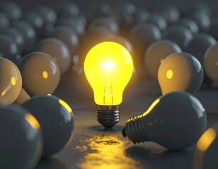 Glowing bulb stands out among dimmed bulbs on a surface