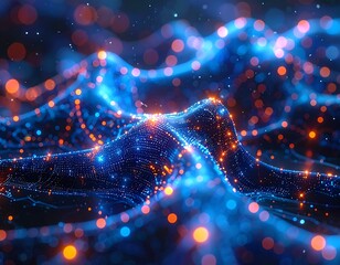 Digital abstract of flowing blue lines with orange glowing particles