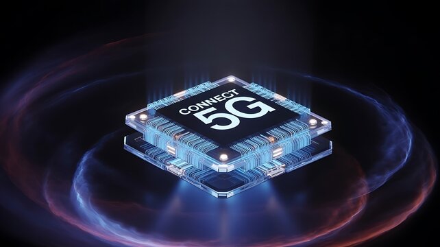 Futuristic 5G Microchip with Glowing Energy Waves