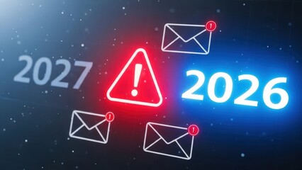 Digital alert for year 2026, caution, important messages and urgent notice
