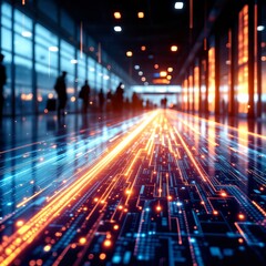 Fototapeta premium A futuristic digital pathway with glowing data streams and blurred figures in a modern building.