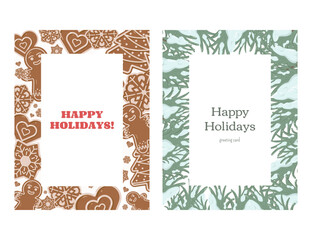 Two holiday greeting cards left gingerbread border with bold red HAPPY HOLIDAYS text right green pine branch border with snow accents and elegant Happy Holidays greeting card message