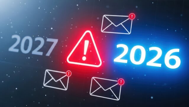 Digital alert for year 2026, caution, important messages and urgent notice