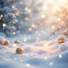 A magical winter scene with golden ornaments nestled in fresh snow and sparkling bokeh lights.