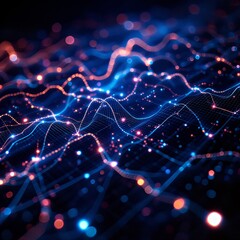 Abstract digital wave pattern with glowing lines and bokeh lights, representing data flow or network connections.
