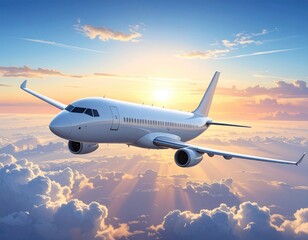 Fototapeta premium Airplane soars over clouds, bathed in sunny rays