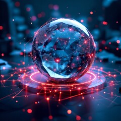 A futuristic, glowing crystal sphere with interconnected red data lines on a dark, digital background, symbolizing global technology and network.
