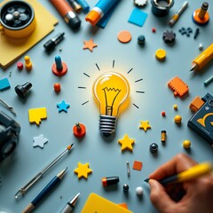 A glowing lightbulb surrounded by colorful craft supplies and stationery, symbolizing creativity and new ideas.