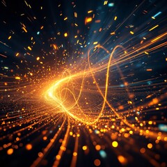 Dynamic abstract light trails and glowing particles creating a sense of energy and motion in a dark space.