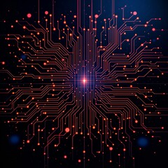 A glowing digital circuit board with intricate orange lines and nodes on a dark background, representing technology and connectivity.
