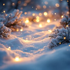 Magical Winter Landscape with Snowflakes and Glowing Bokeh Lights