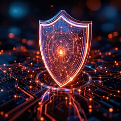 A glowing digital shield icon symbolizing cybersecurity and data protection on a futuristic circuit board with abstract light trails.
