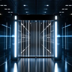 A futuristic glowing blue light elevator in a dark, reflective, modern sci-fi interior with sleek architectural design.