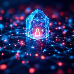 A glowing blue crystalline house with a padlock icon, surrounded by a digital network of red and blue lights, symbolizing cybersecurity and data protection in a futuristic digital landscape.