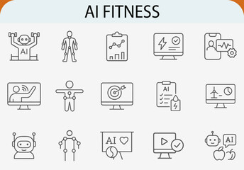 AI fitness outline icon set, digital personal training health coach vector