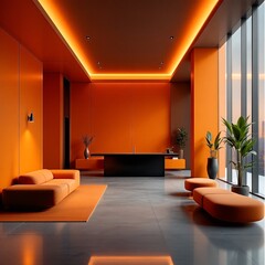 Modern orange-themed lobby with sleek furniture, illuminated ceiling, and large windows overlooking a city view.