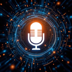 White microphone icon glowing with orange light amidst a futuristic digital circle of blue and orange particles on a dark background.